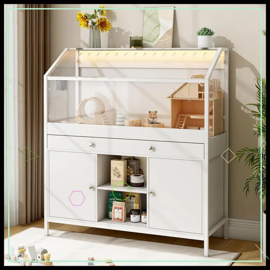 Hamster Cage With LED Lights And Storage Cabinet For Pets