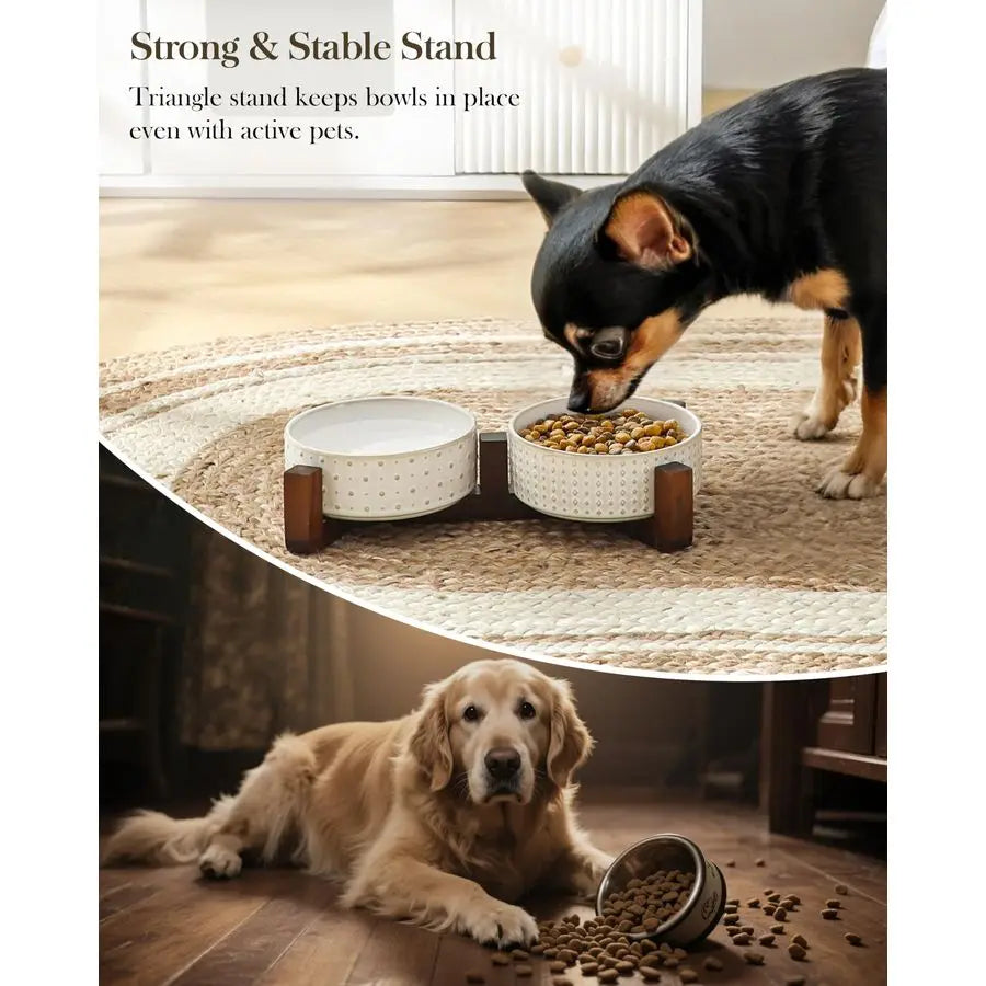 Walnut Wood Dog Bowl Set With Ceramic Dual Bowls Non Slip