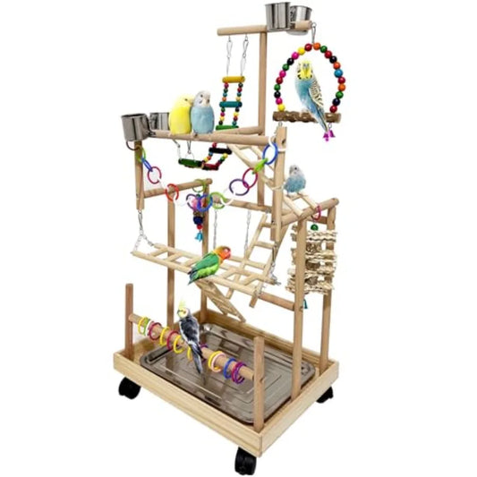 Natural Wood Bird Playstand With Wheel Parrot Playground Perch