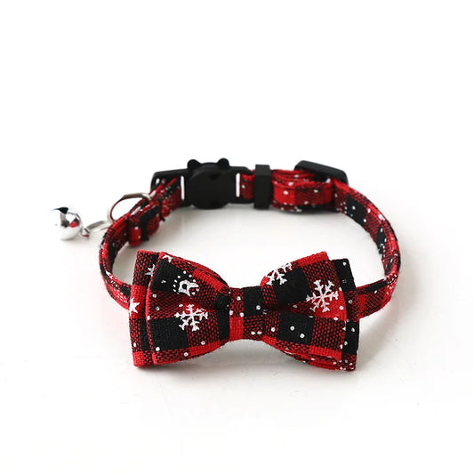Christmas Bowknot Plaid Snowflake Cat and Dog Collar with Bell Adjustable