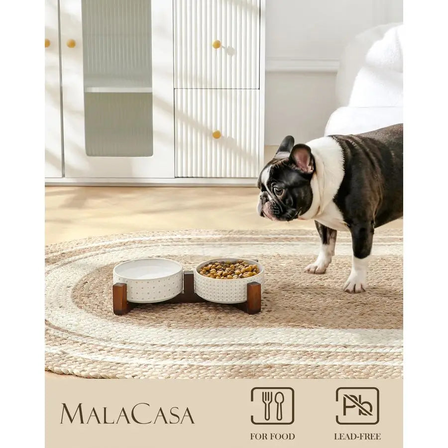 Walnut Wood Dog Bowl Set With Ceramic Dual Bowls Non Slip