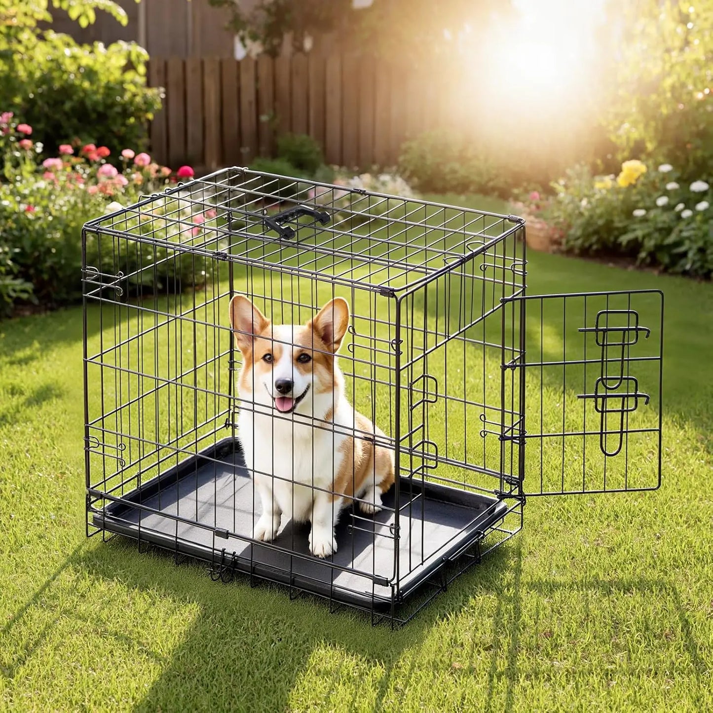 Dog Crate With LeakProof Tray Folding Metal Kennel Indoor Outdoor