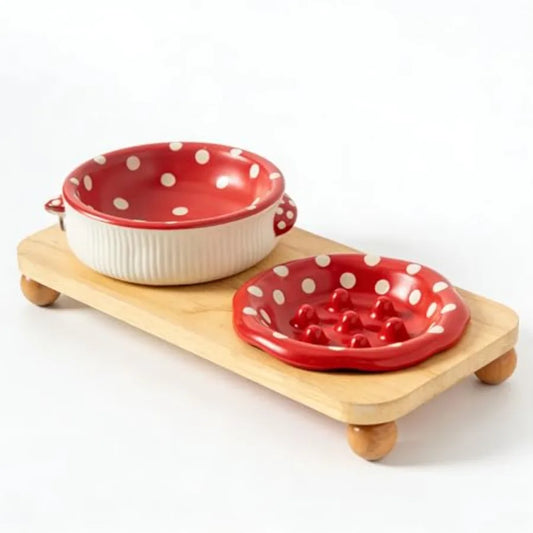 Ceramic Elevated Pet Food Bowl Set With Wooden Stand