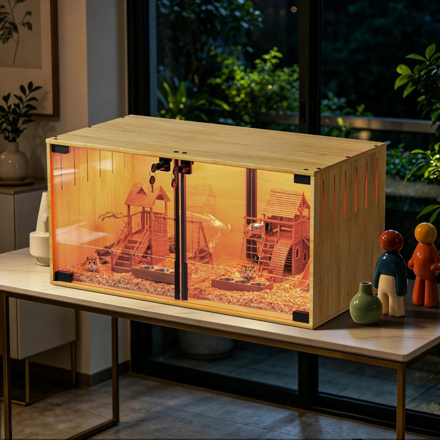Wooden Small Animal Cage With Tempered Glass Panels For Hamsters