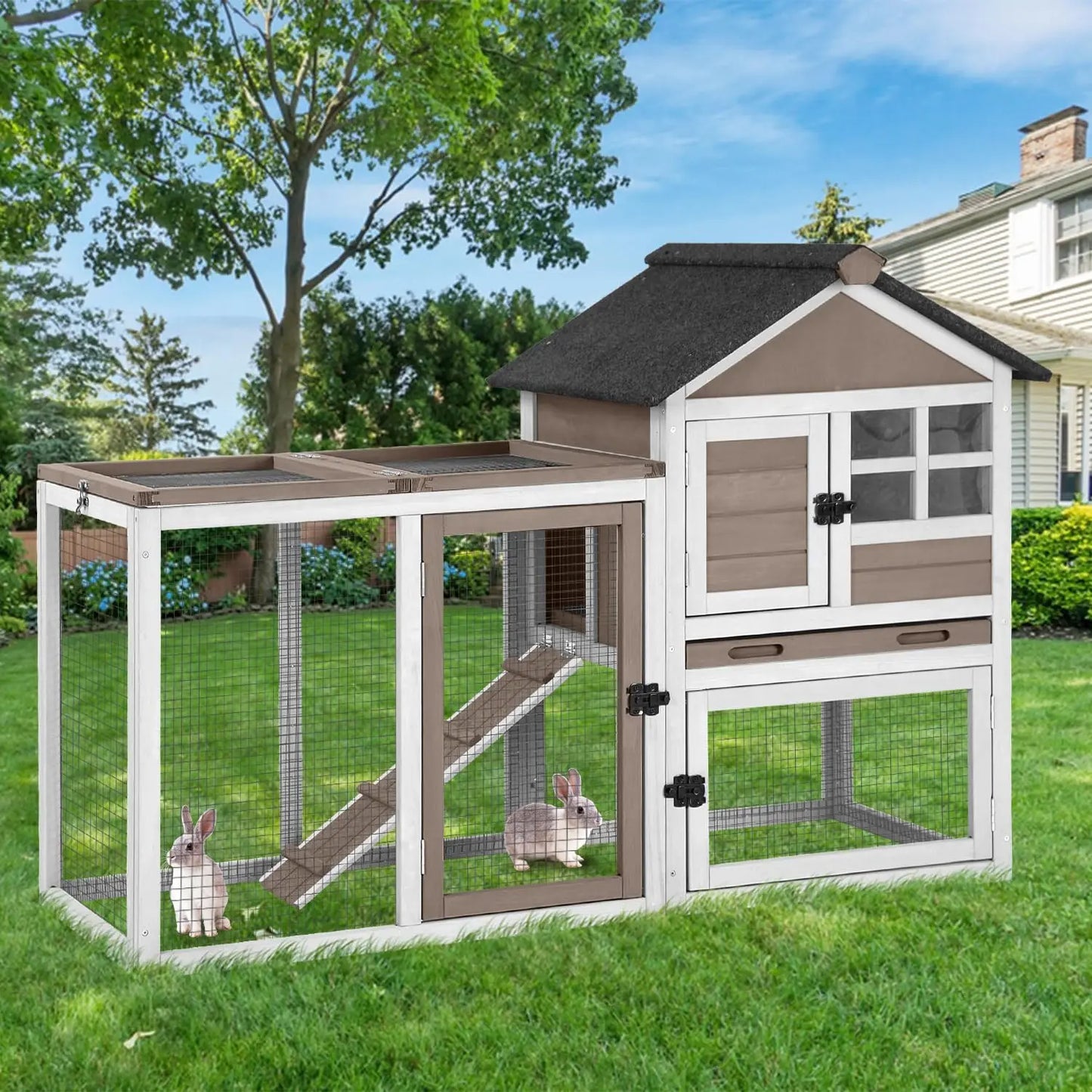 Two Story Rabbit Hutch With Chew Proof Full Metal Frame Indoor Outdoor Cage