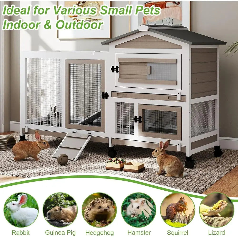 Outdoor Indoor Rabbit Hutch With 6 Wheels And Removable Trays