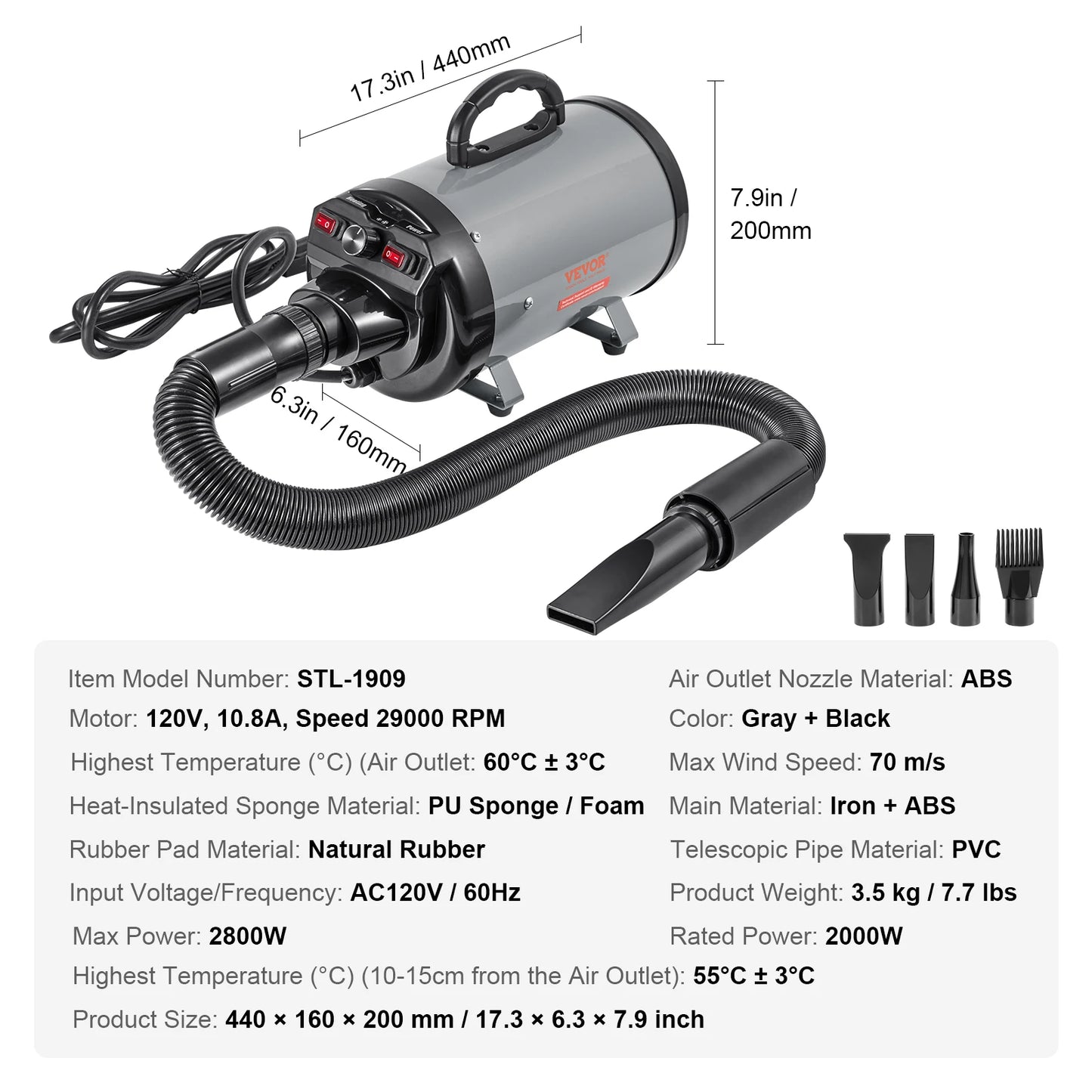 SucceBuy 2000W Dog Blow Dryer Adjustable Speed Temperature Control Nozzles