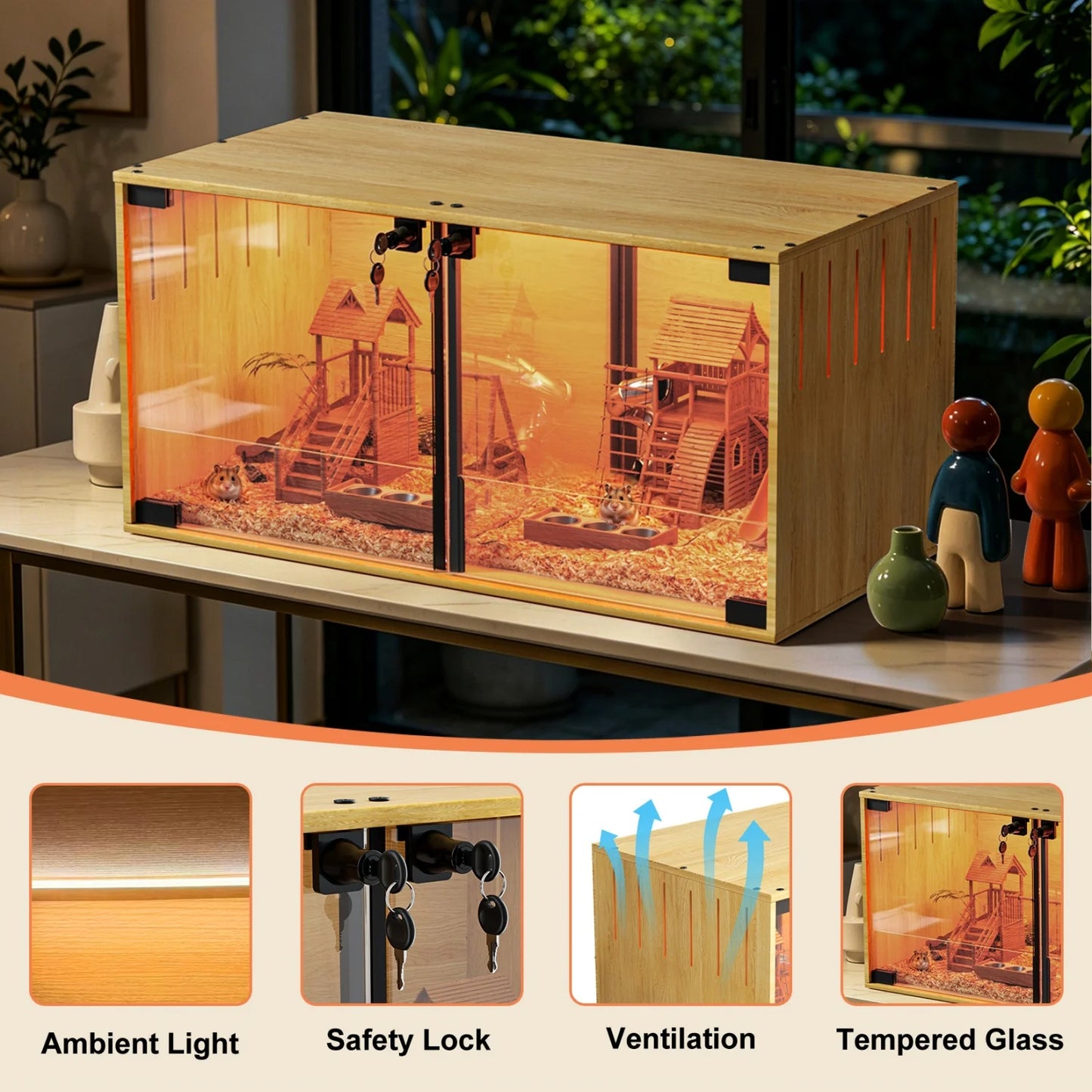 Wooden Small Animal Cage With Tempered Glass Panels For Hamsters