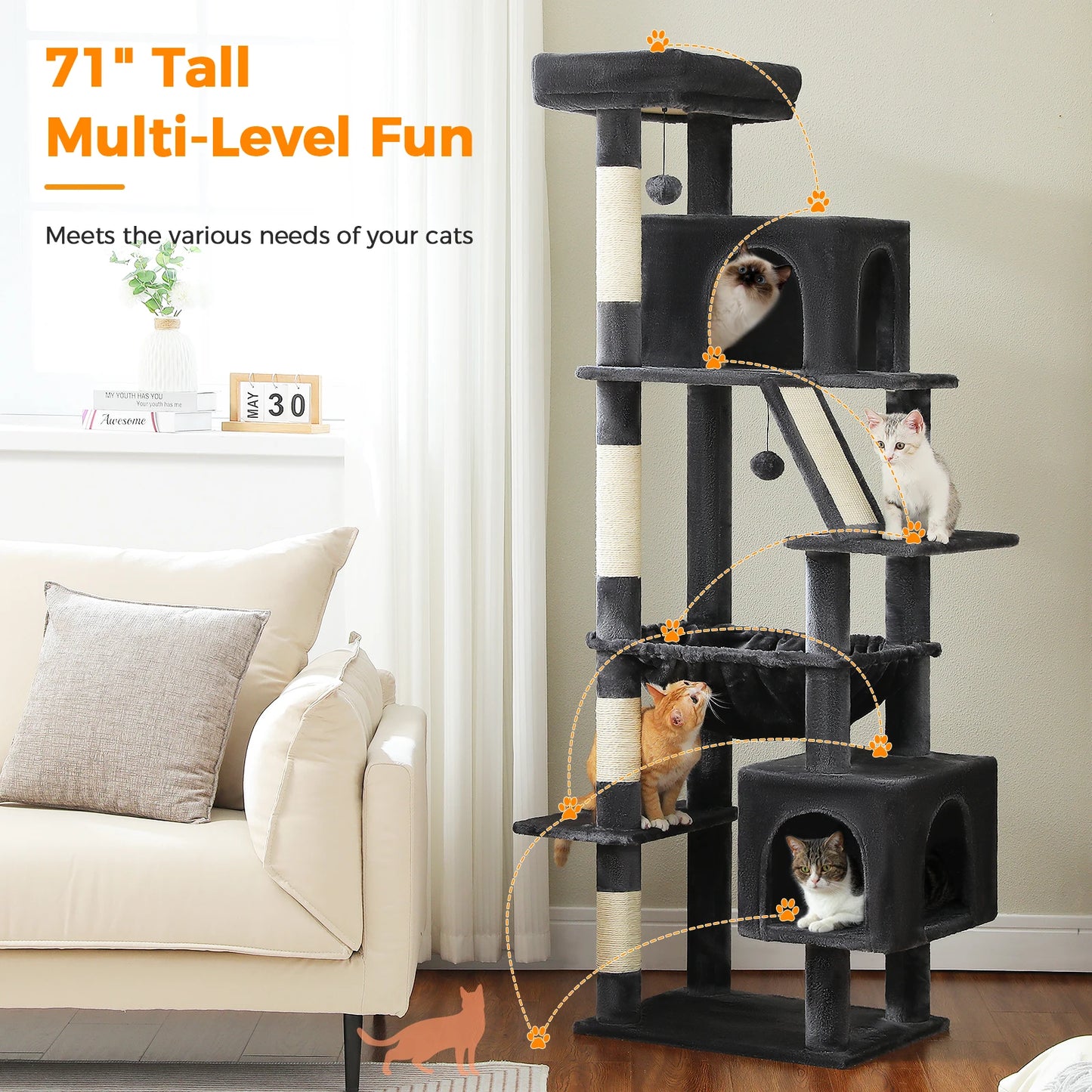 PAWZ Road Tall Cat Tree With Scratching Posts And Five Levels