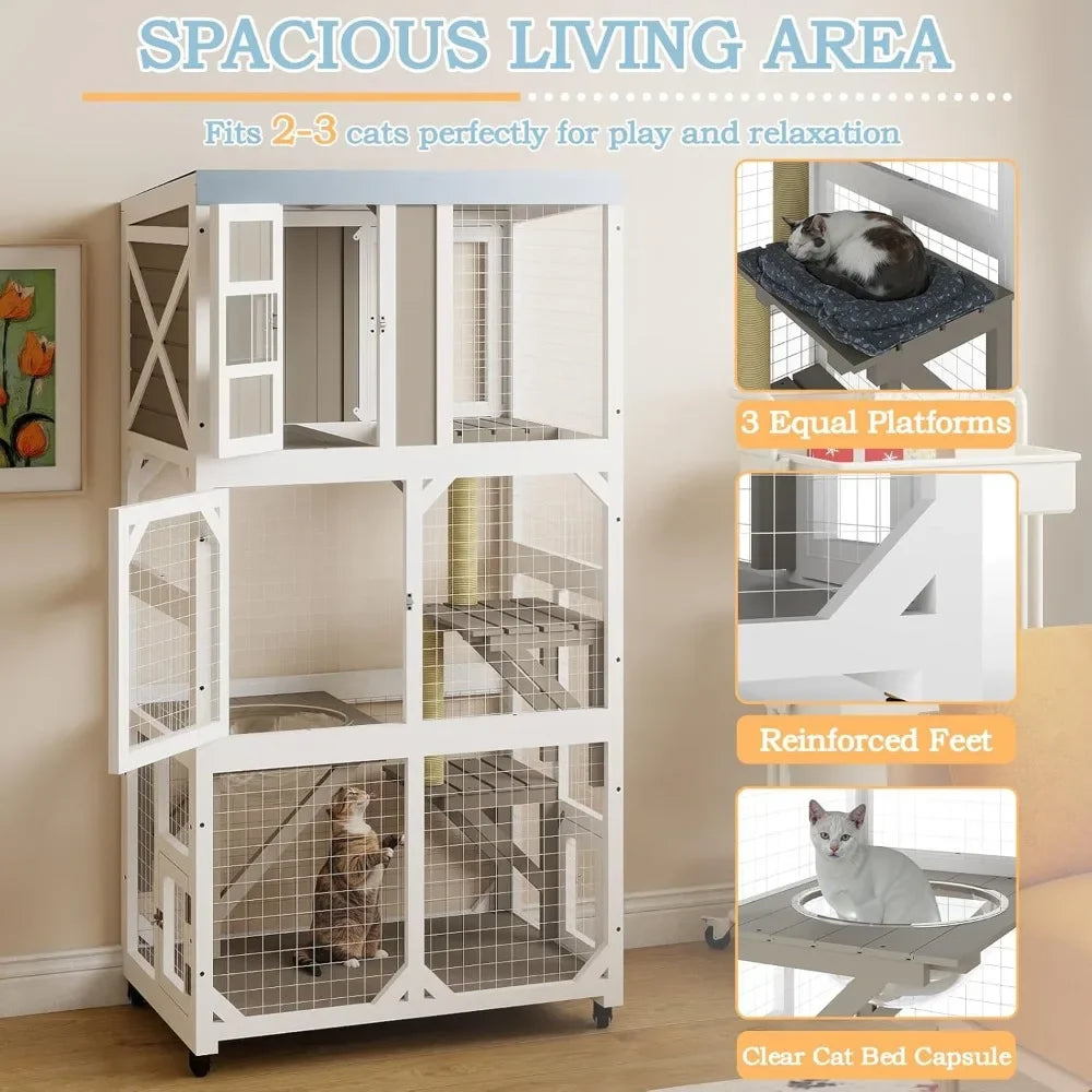 Wooden Outdoor Window Cat Enclosure With Wheels And Platforms