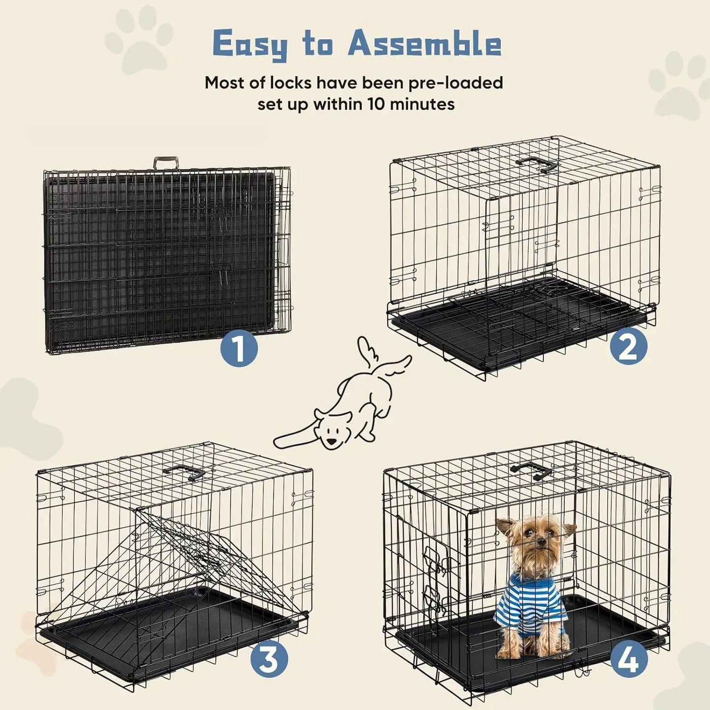Dog Crate With LeakProof Tray Folding Metal Kennel Indoor Outdoor