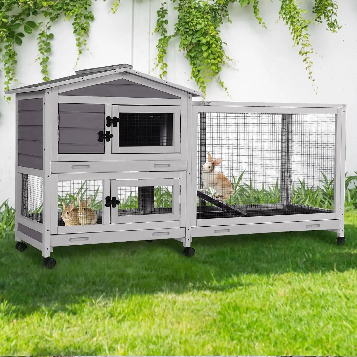 Two Story Rabbit Hutch With Chew Proof Full Metal Frame Indoor Outdoor Cage
