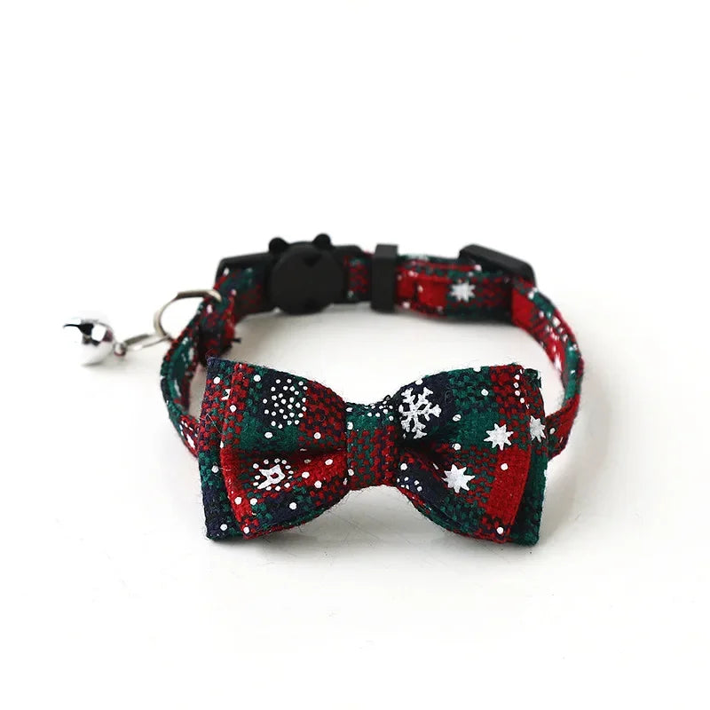 Christmas Bowknot Plaid Snowflake Cat and Dog Collar with Bell Adjustable