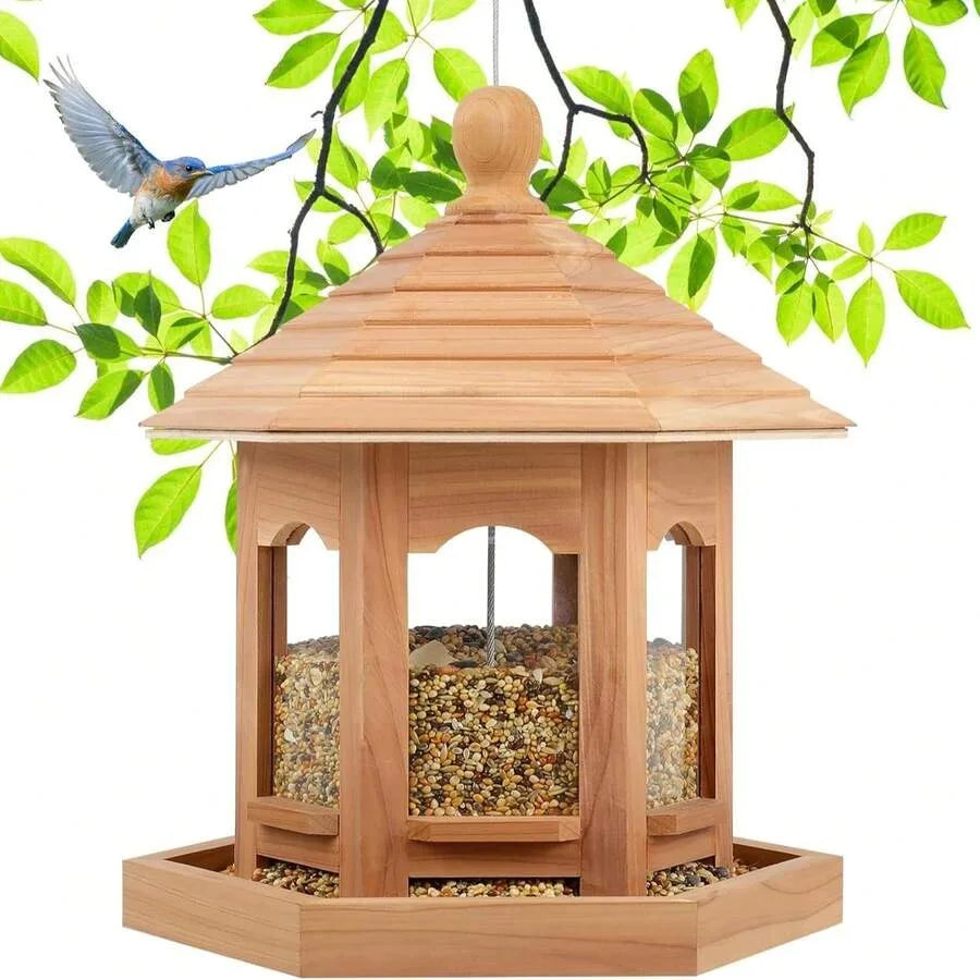 Hexagon Gazebo Style Wooden Bird Feeder Natural Cedar Hanging