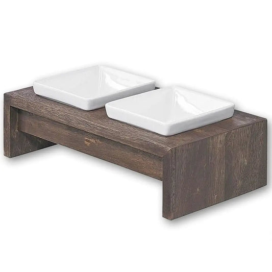 Artisan Diner Double Dog Feeder With Rubberwood Frame Ceramic Bowls