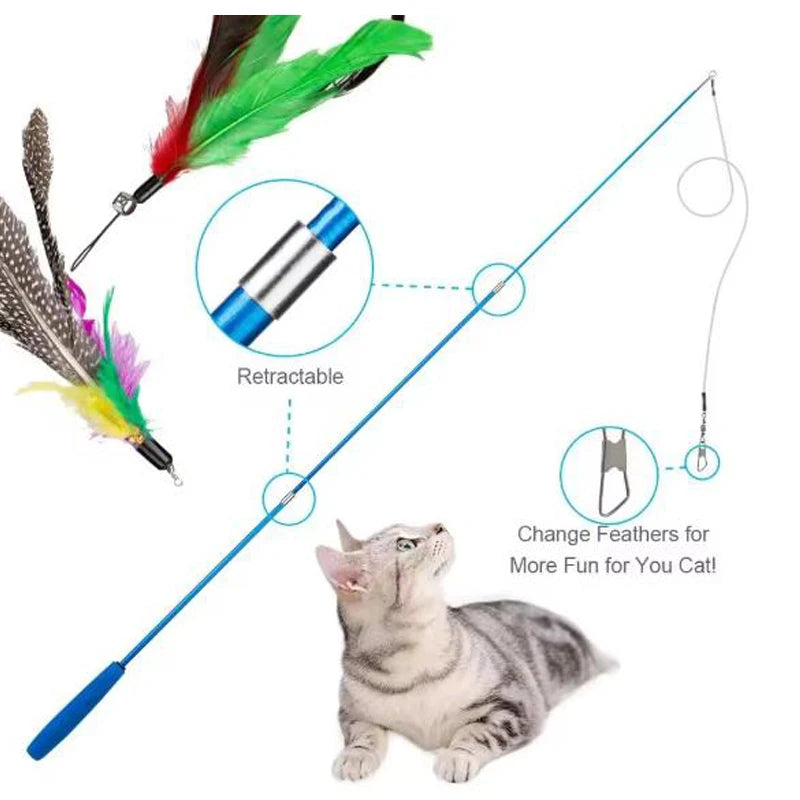Cat Feather Toy Set 11 Pieces Replacement Heads Retractable Stick