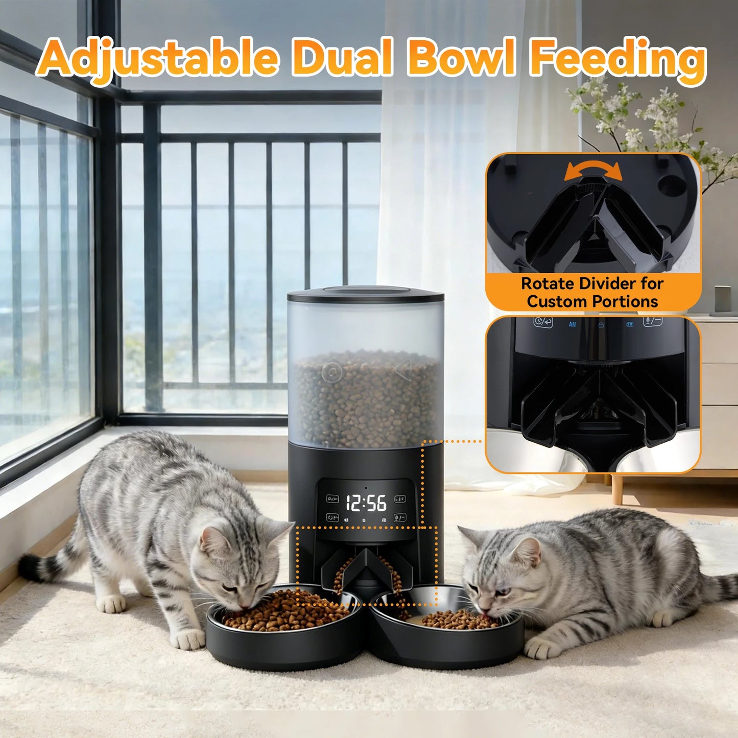 Automatic Cat Feeder Timed Dual Bowls Dual Power Supply