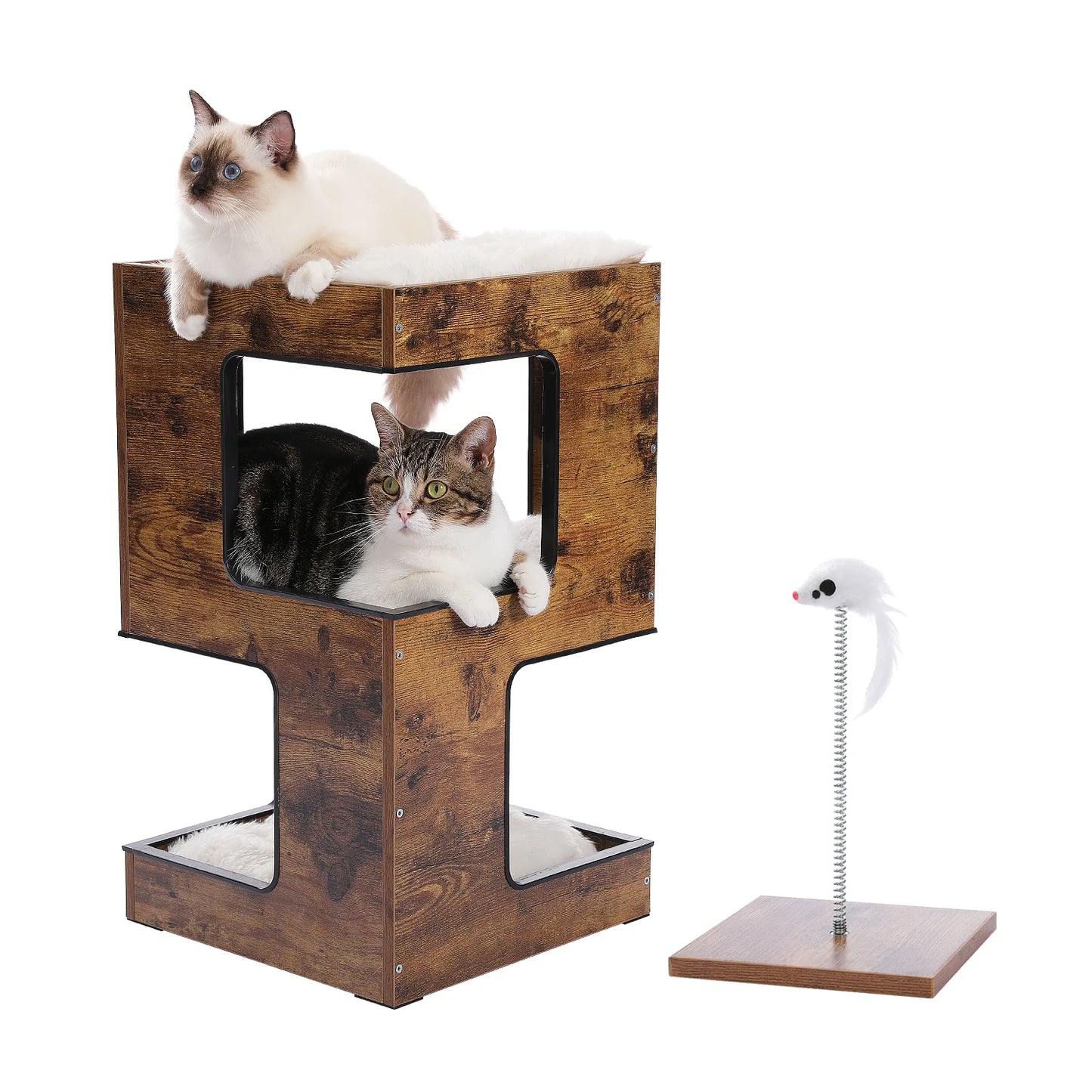 PAWZ Road Wood Cat Condo Bed With Removable Mats Scratching Pad Cat Tree
