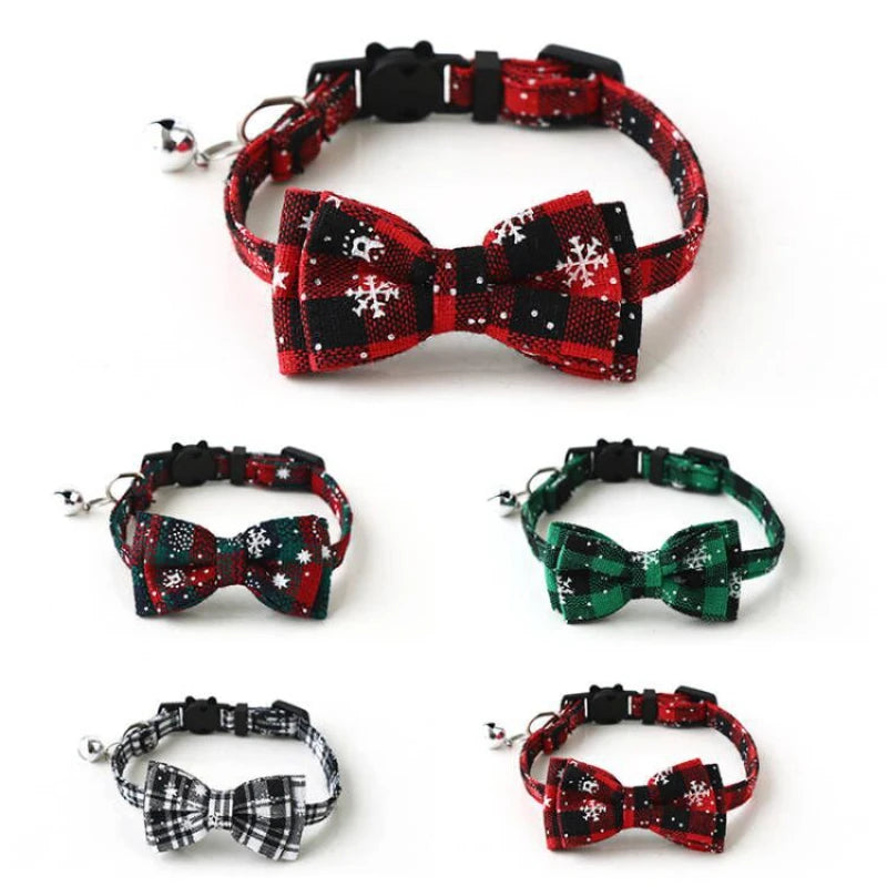 Christmas Bowknot Plaid Snowflake Cat and Dog Collar with Bell Adjustable