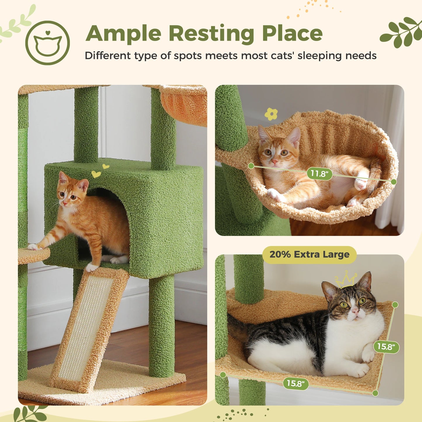 PETEPELA Cactus Floor to Ceiling Adjustable Cat Tree Condo Hammock