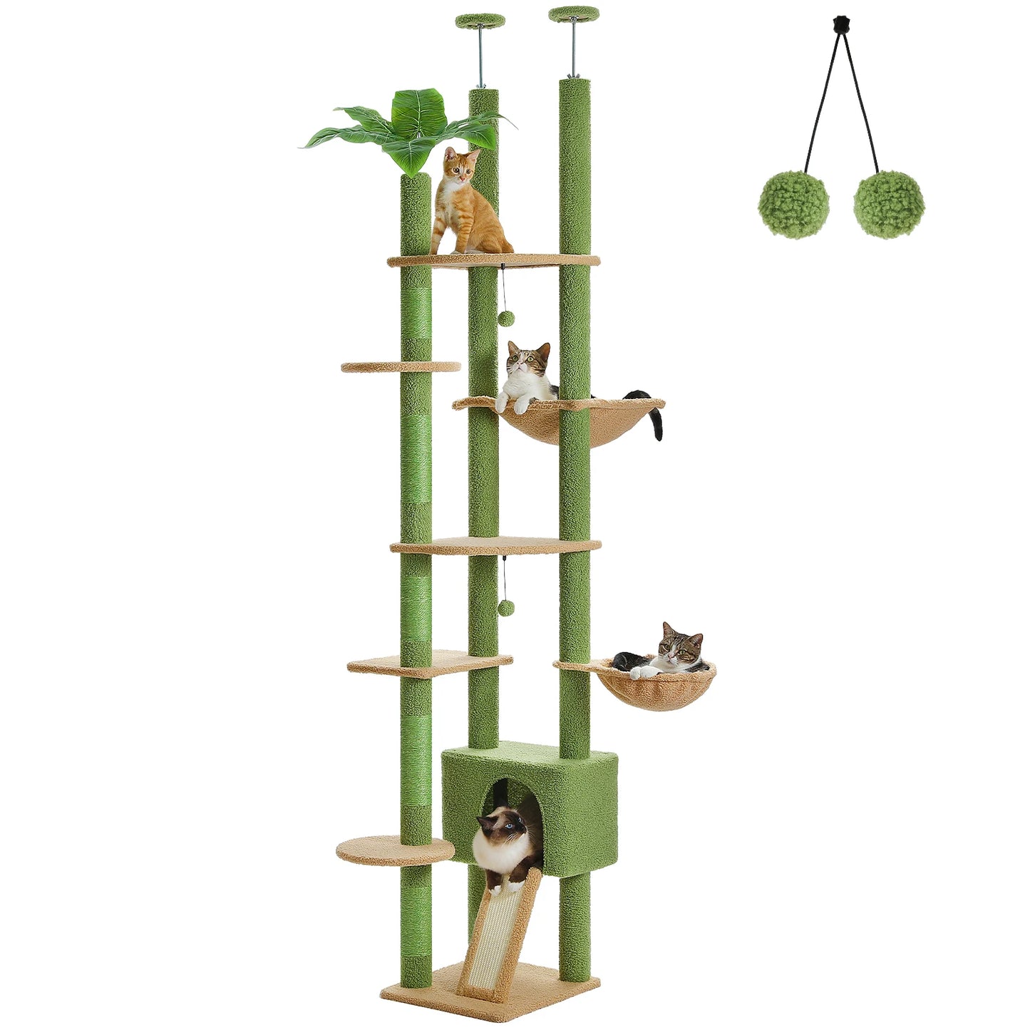 PETEPELA Cactus Floor to Ceiling Adjustable Cat Tree Condo Hammock