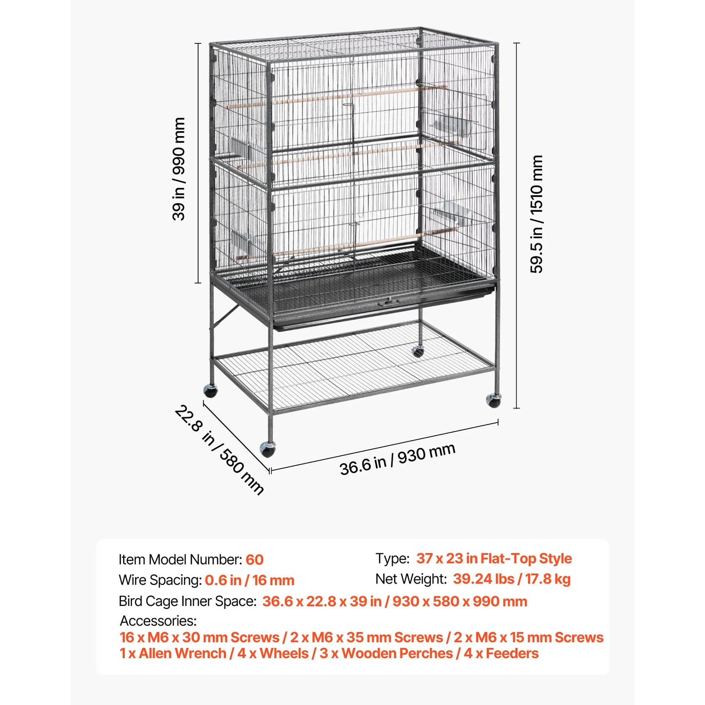 SucceBuy Wrought Iron Flight Cage Top With Perches And Casters