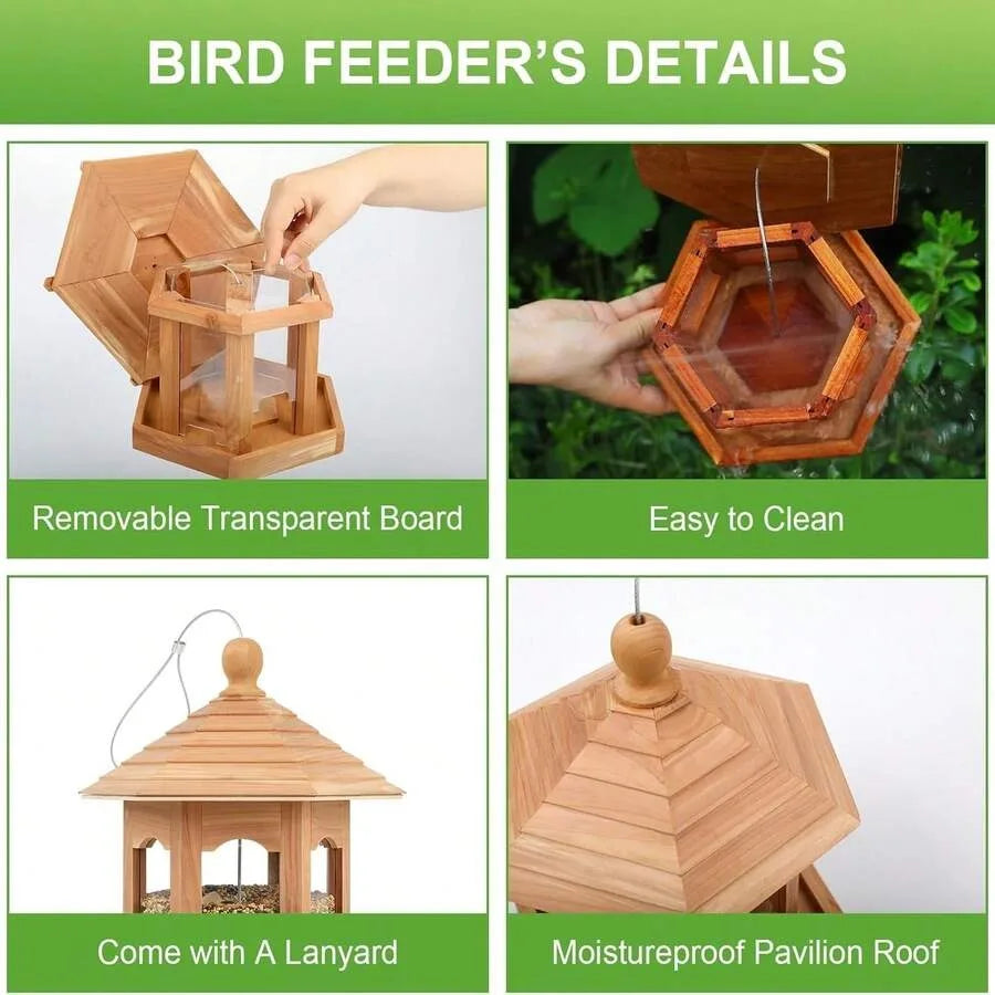 Hexagon Gazebo Style Wooden Bird Feeder Natural Cedar Hanging