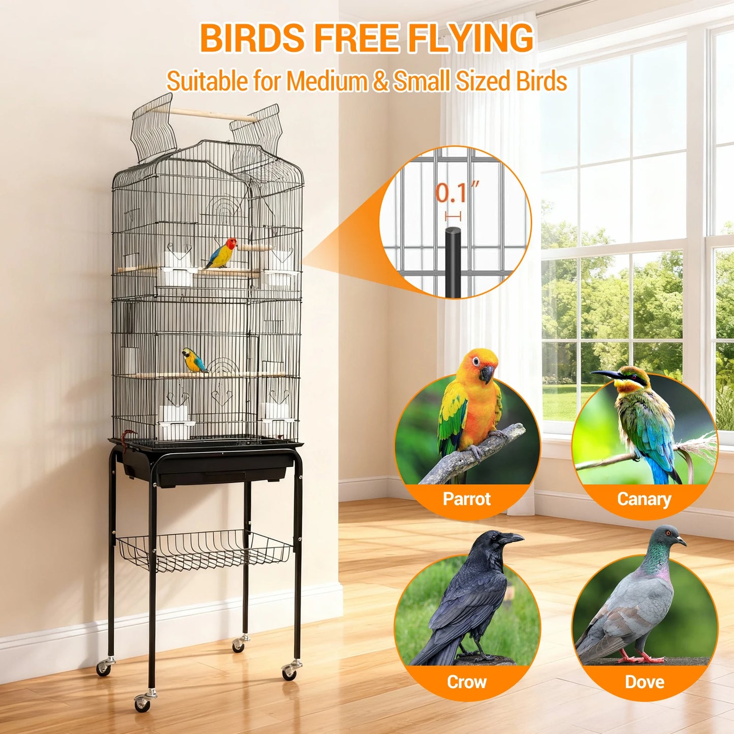 HiMISS Bird Cage With Open Rooftop Play Stand And Tray