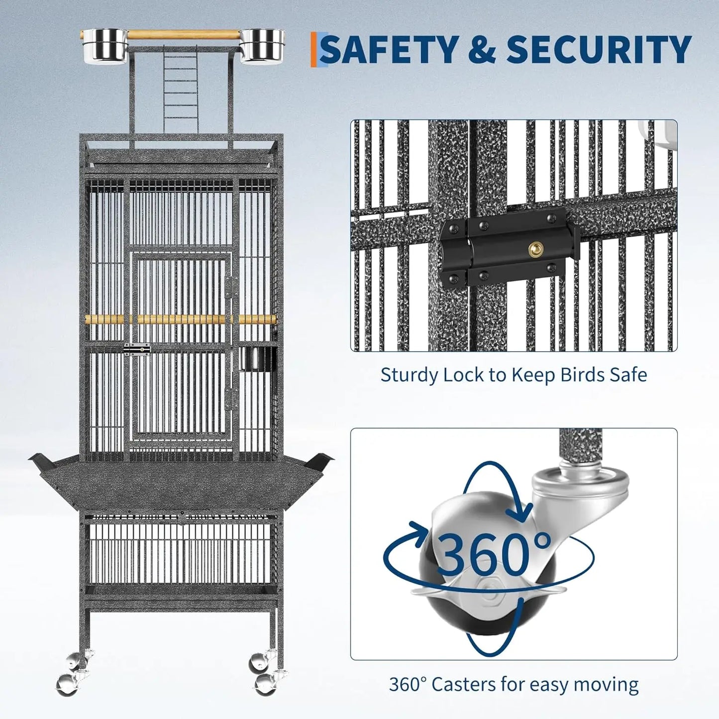 HiMISS Parrot Cage Metal Play Top With Wood Perches And Feeder