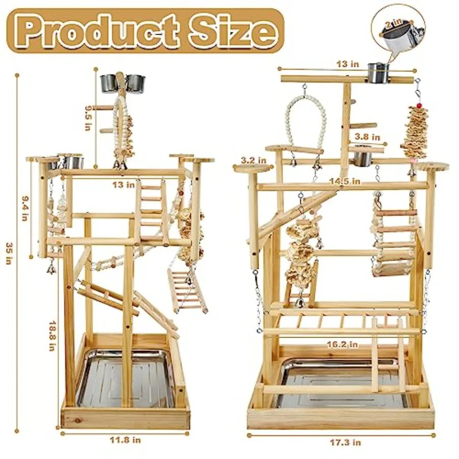 Natural Wood Bird Playground Parrot Playstand With Perches And Tray