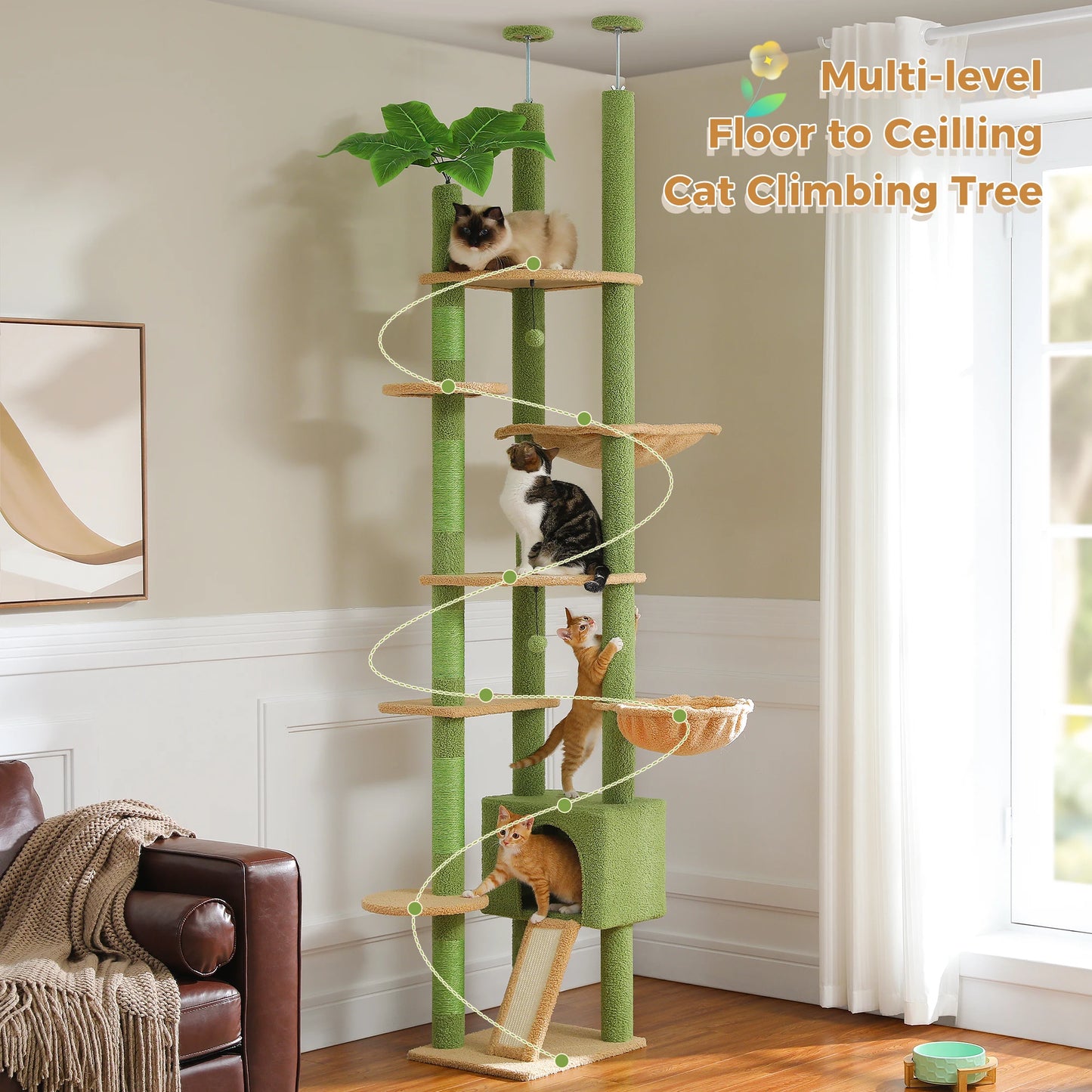 PETEPELA Cactus Floor to Ceiling Adjustable Cat Tree Condo Hammock