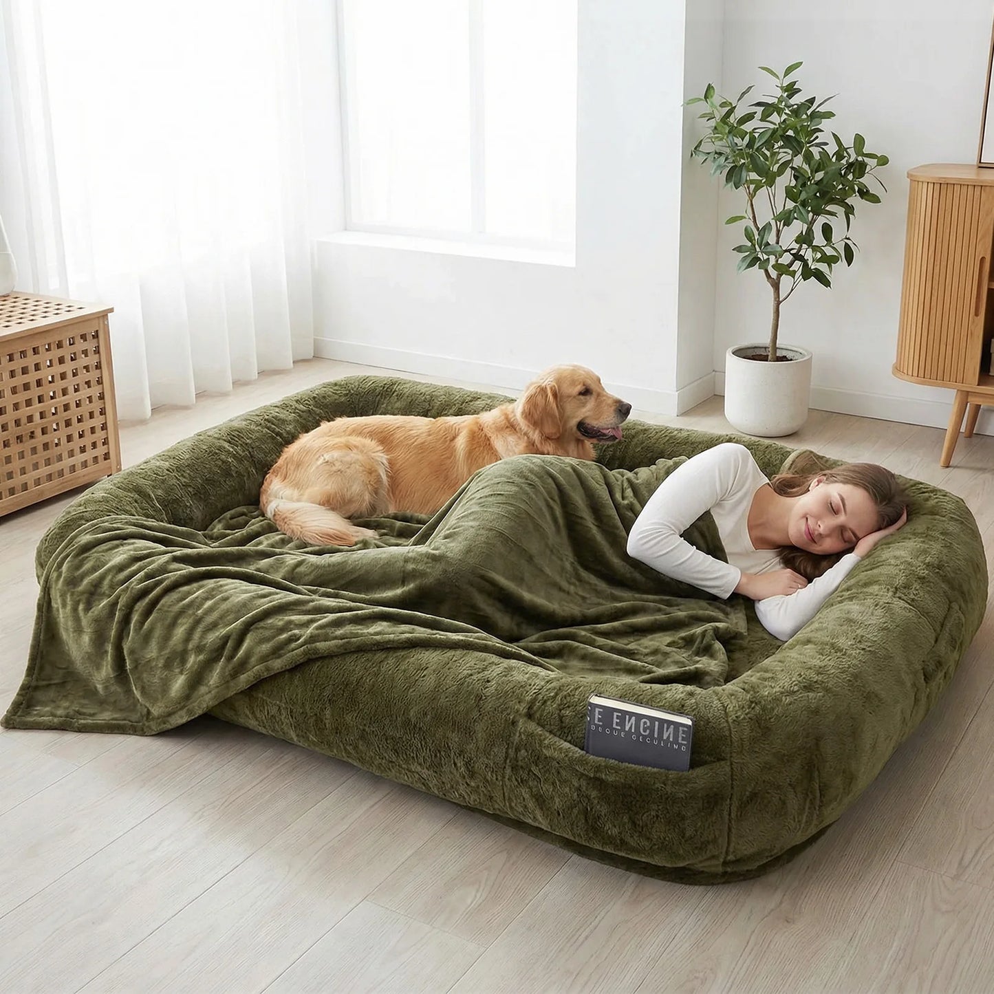 Human Dog Bed With Washable Plush Fur Cover And Blanket