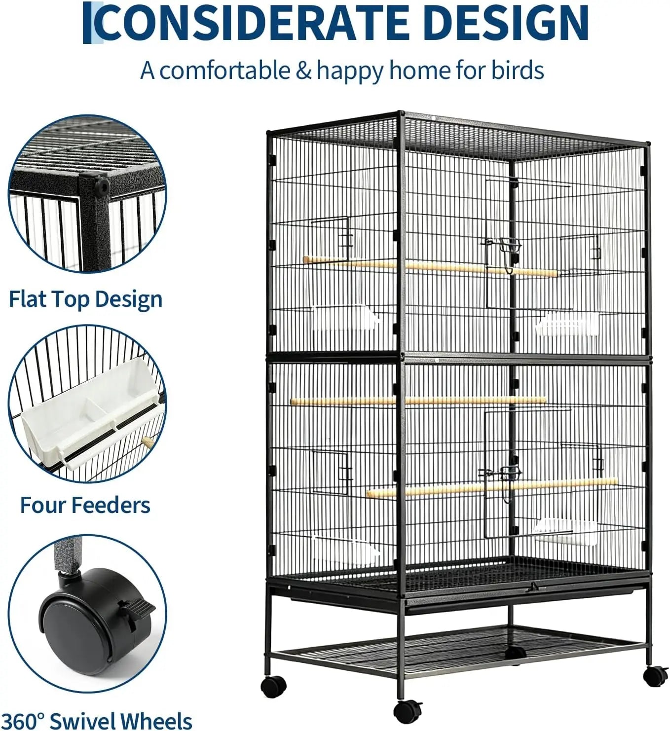 HiMISS Parakeet Cage With Rolling Storage Stands And Feed Bowls