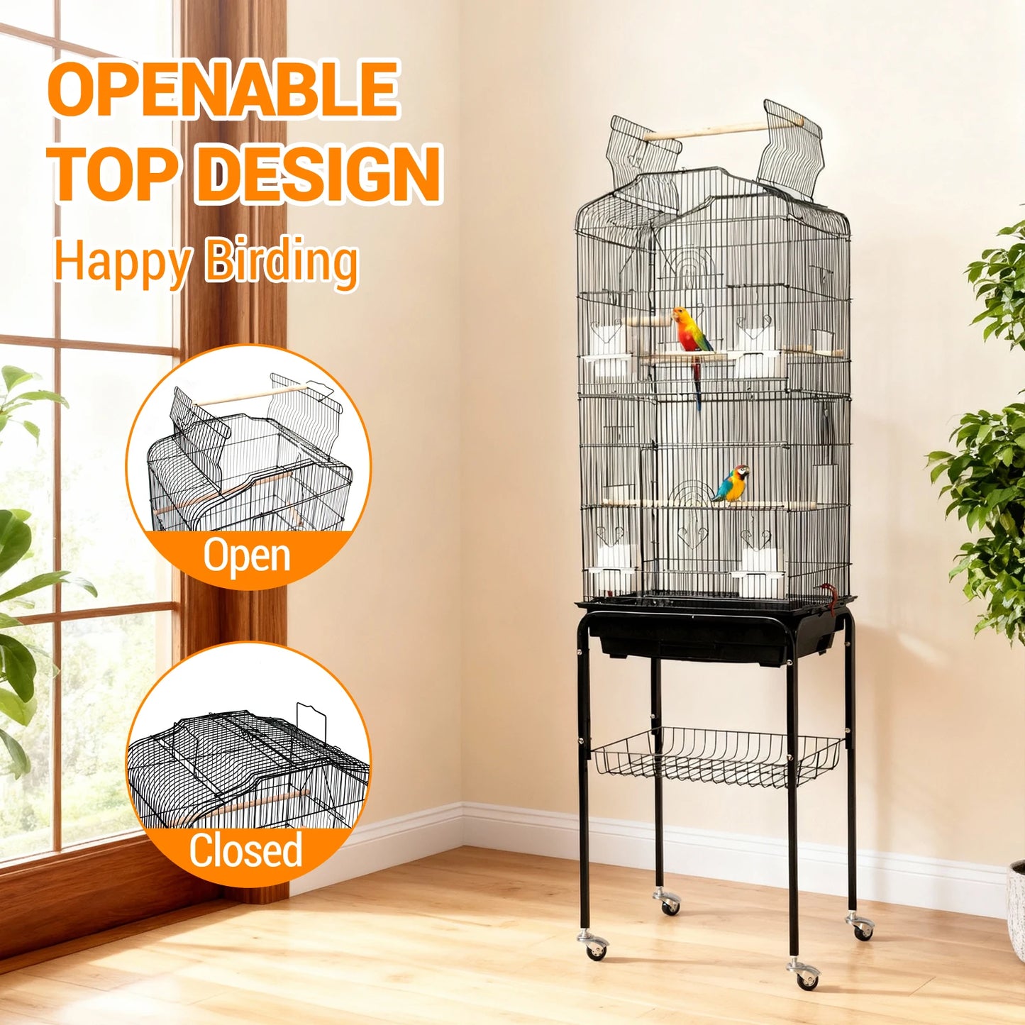 HiMISS Bird Cage With Open Rooftop Play Stand And Tray