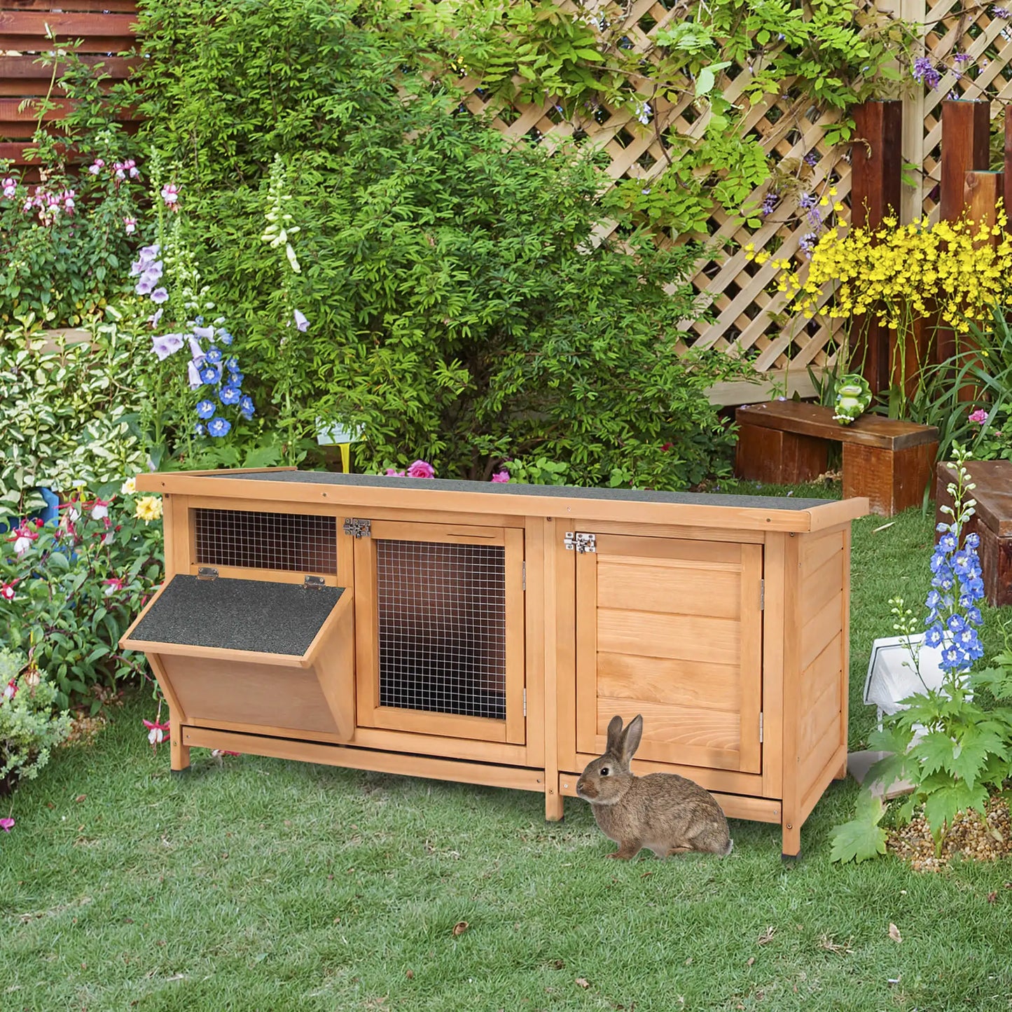 Outdoor Rabbit Hutch Wooden Cage With Asphalt Roof Feeding Trough