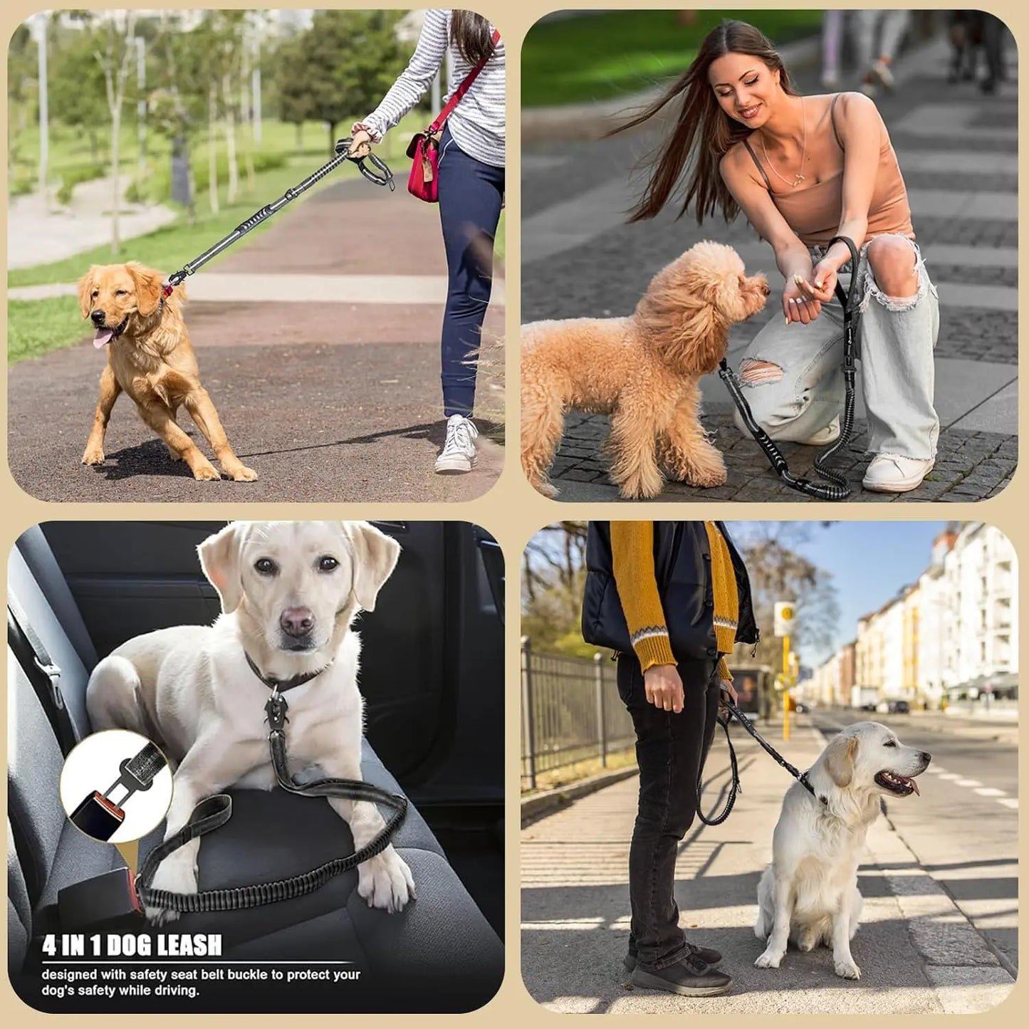 Reflective Shock Absorbing Dog Leash No Pull Car Seatbelt Bungee