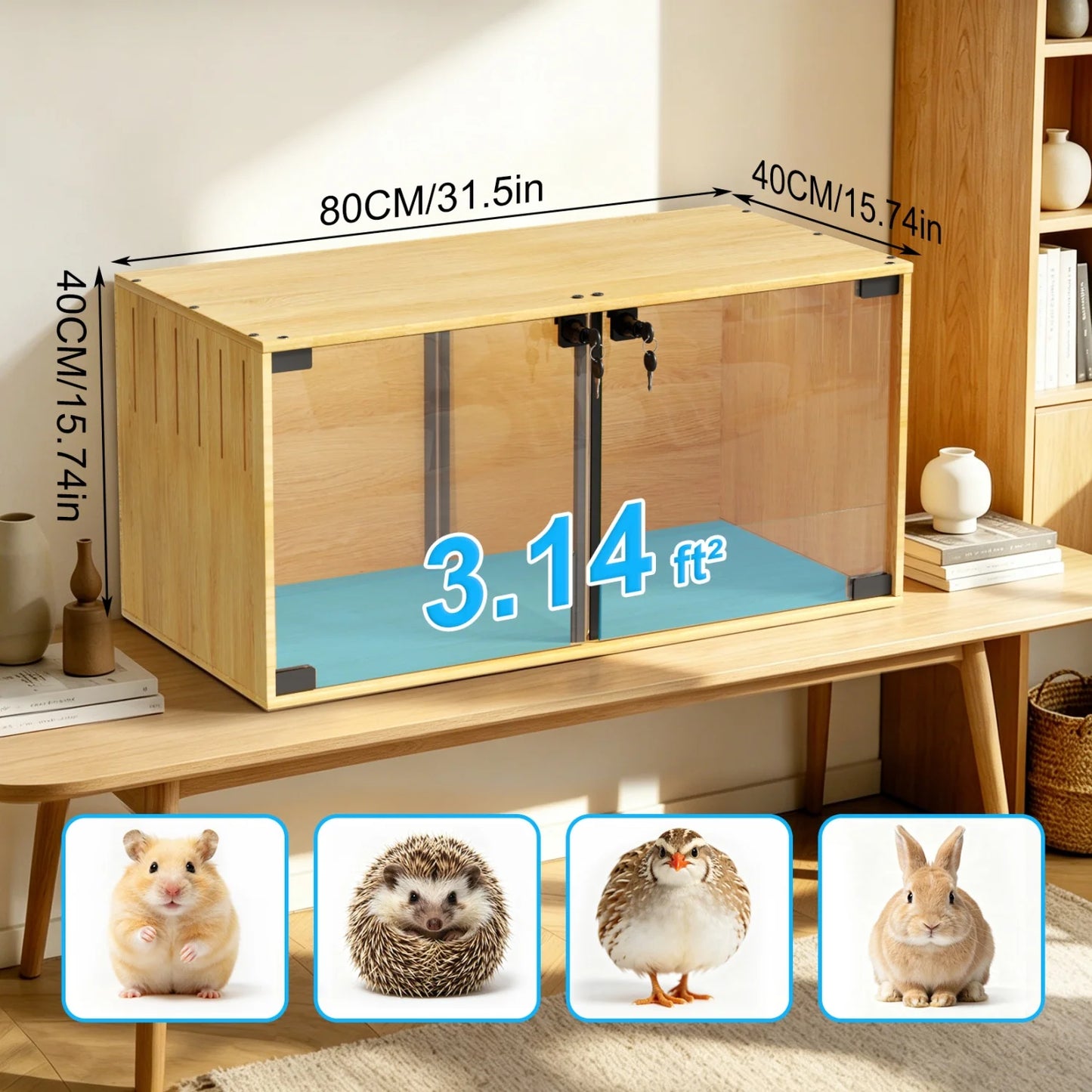 Wooden Small Animal Cage With Tempered Glass Panels For Hamsters