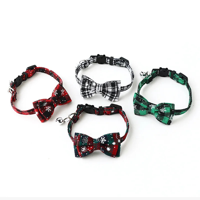 Christmas Bowknot Plaid Snowflake Cat and Dog Collar with Bell Adjustable