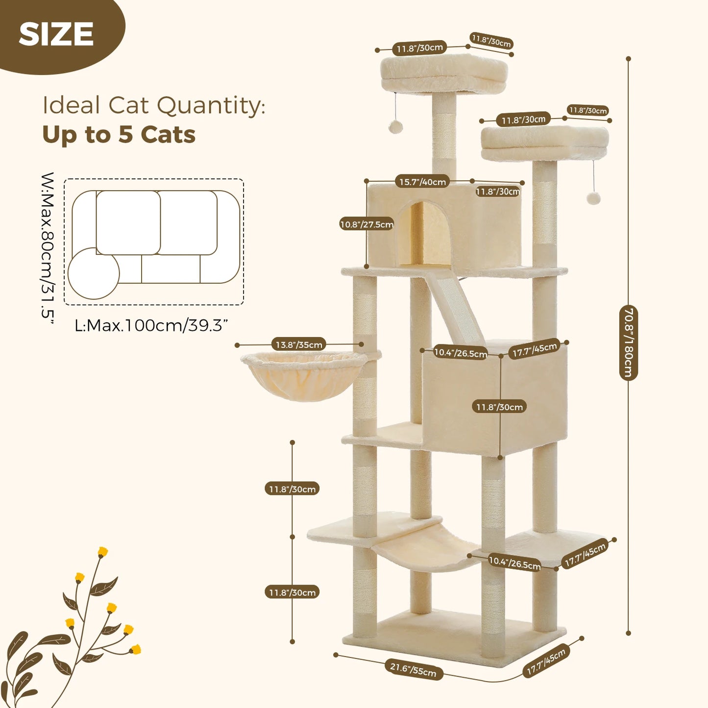 PAWZ Road Tall Cat Tree With Scratching Posts And Five Levels