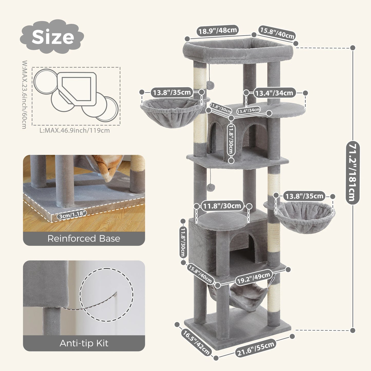 PAWZ Road Tall Cat Tree With Scratching Posts And Five Levels