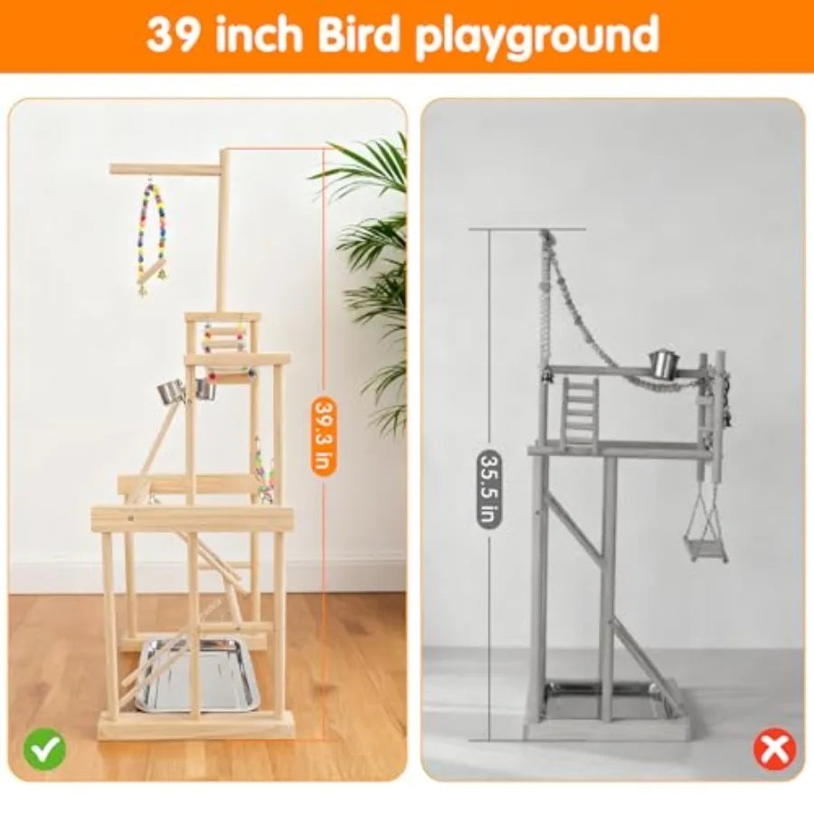 Bird Playground Parrot Playstand With Feeder Cups Swings Ladder Tray