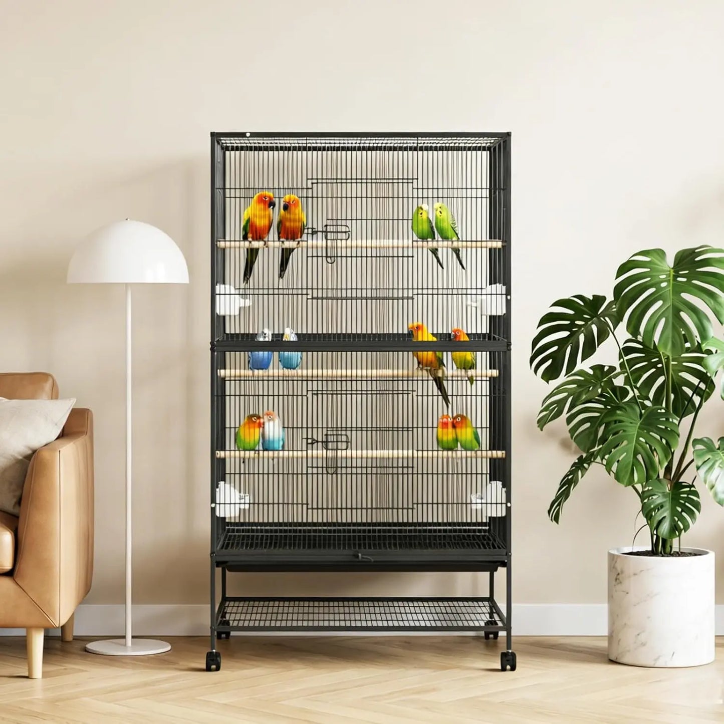 HiMISS Parakeet Cage With Rolling Storage Stands And Feed Bowls