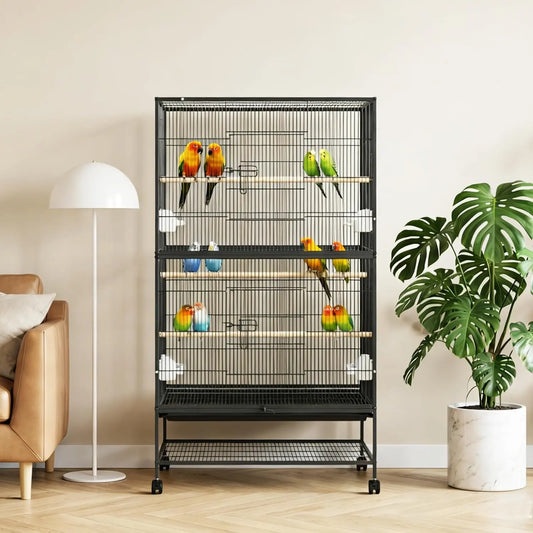 HiMISS Parakeet Cage With Rolling Storage Stands And Feed Bowls