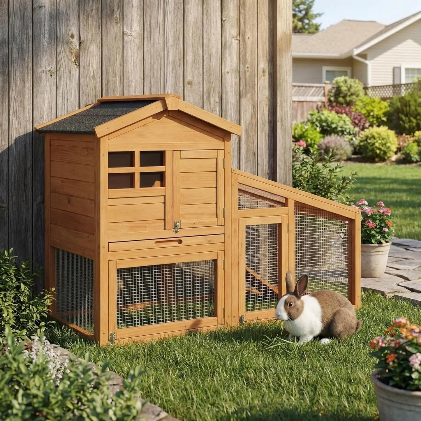 HiMISS Wooden Chicken Coop with Rabbit Run and Hen House