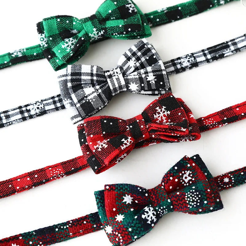 Christmas Bowknot Plaid Snowflake Cat and Dog Collar with Bell Adjustable