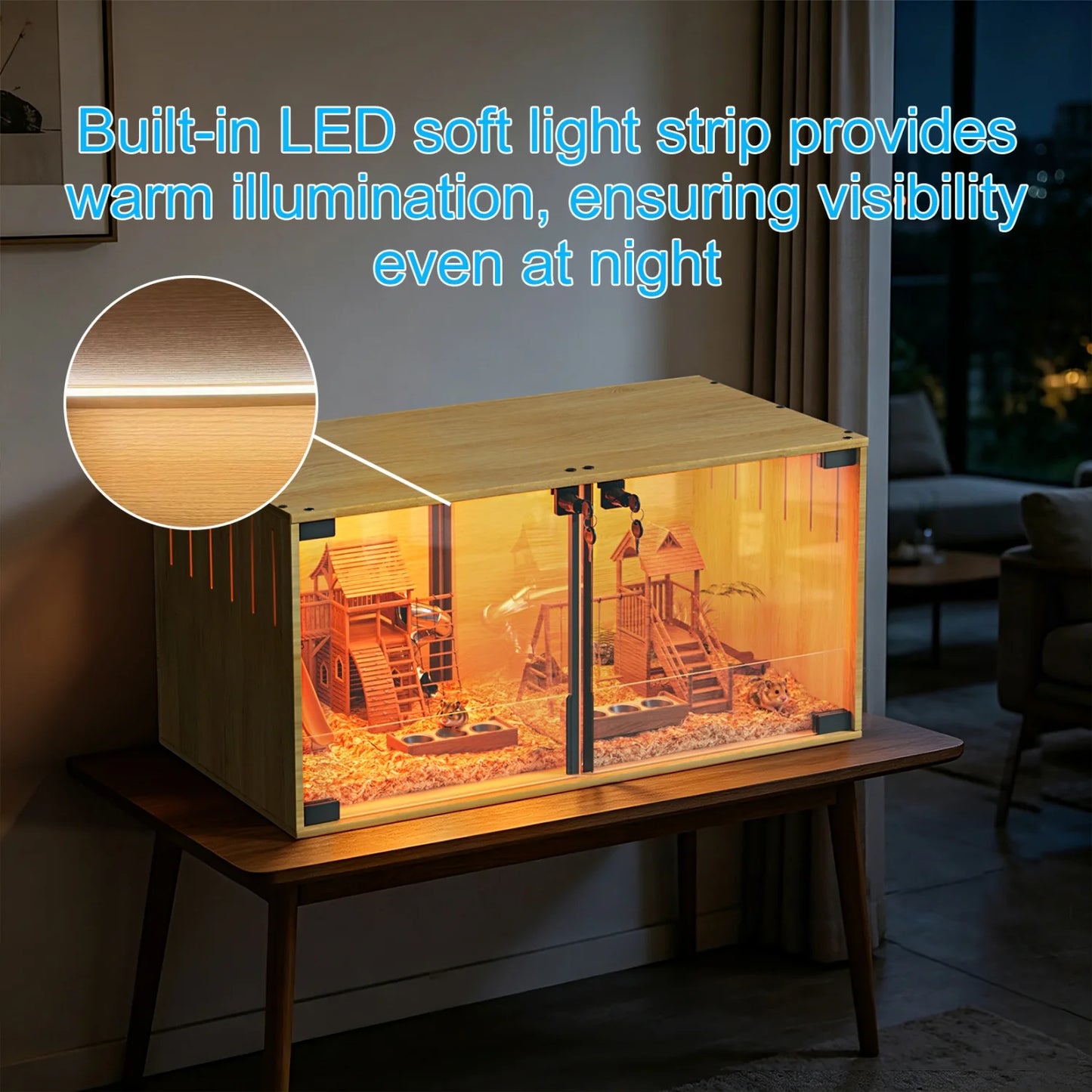 Wooden Small Animal Cage With Tempered Glass Panels For Hamsters