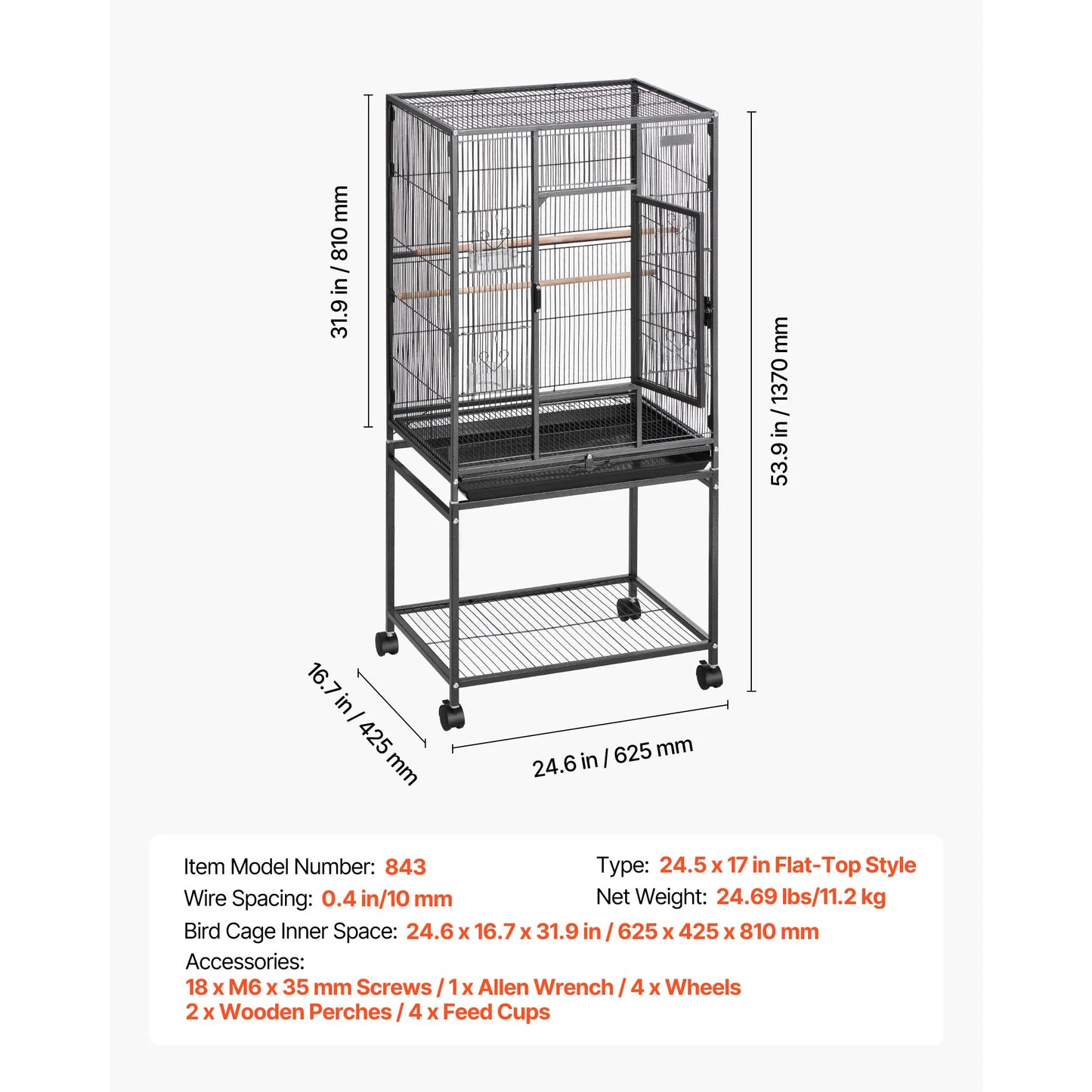 SucceBuy Wrought Iron Flight Cage Top With Perches And Casters