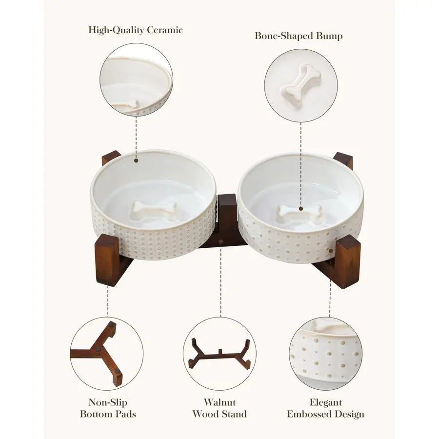 Walnut Wood Dog Bowl Set With Ceramic Dual Bowls Non Slip