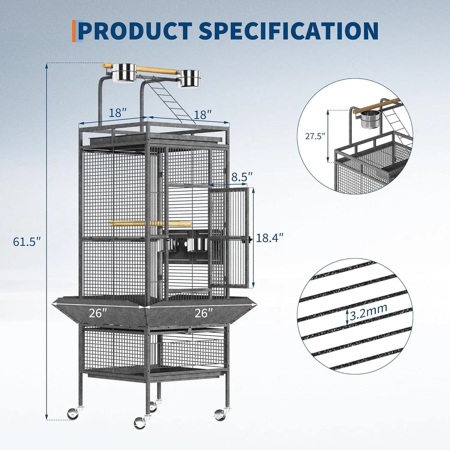 HiMISS Parrot Cage Metal Play Top With Wood Perches And Feeder