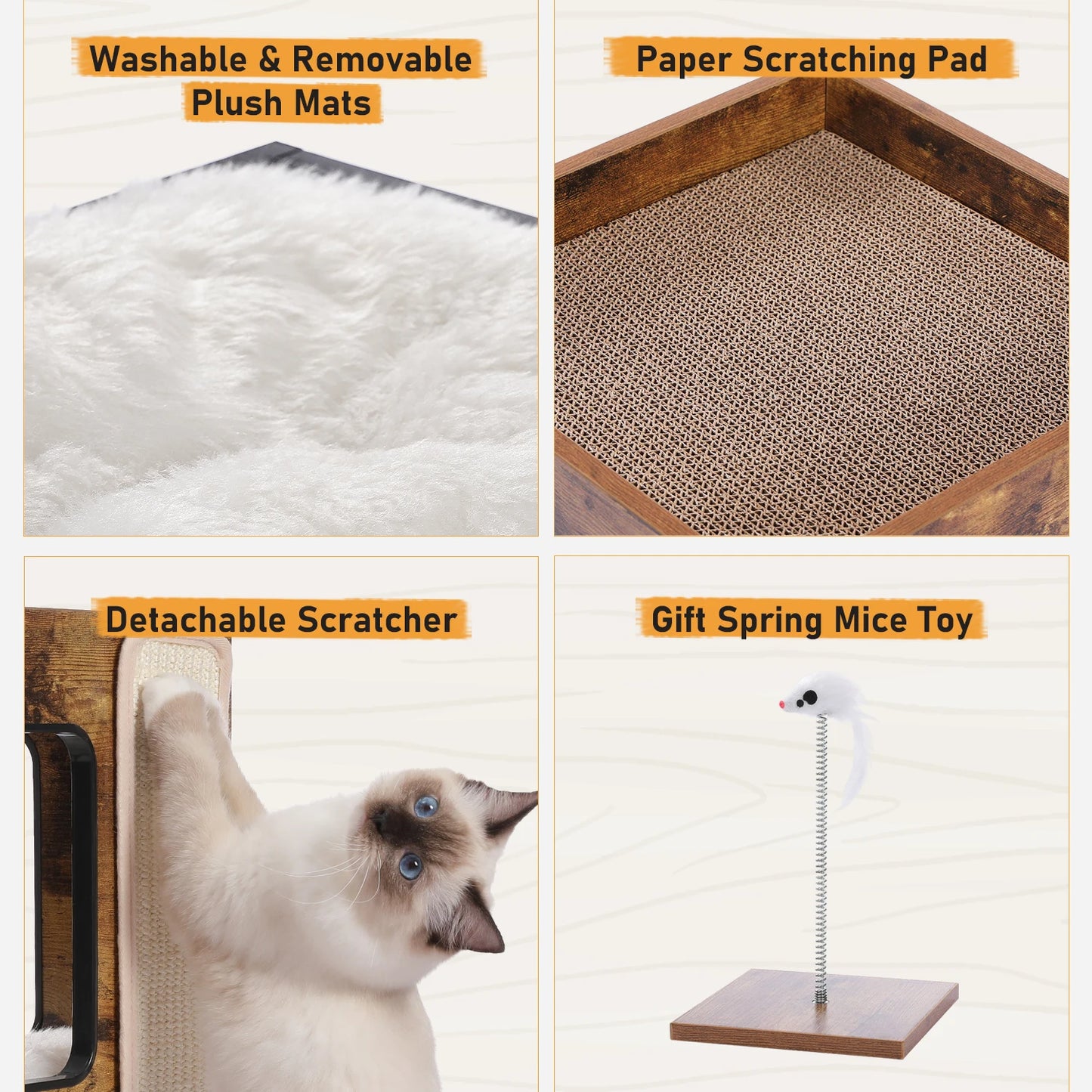 PAWZ Road Wood Cat Condo Bed With Removable Mats Scratching Pad Cat Tree